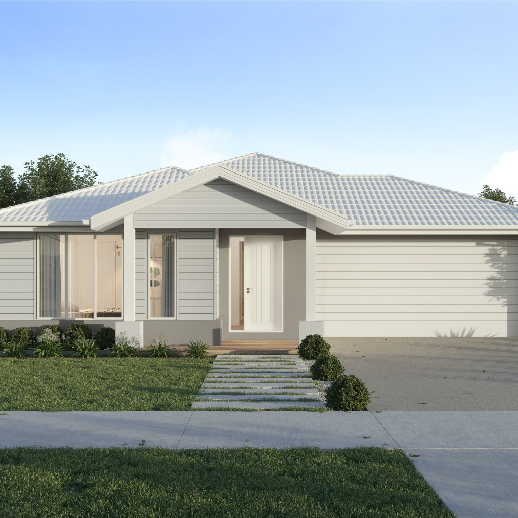 Modern single story house with white weatherboard facade